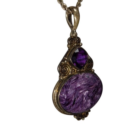 Natural Charoite Purple Amethyst Pendant Channel Set Sterling Silver Signed - Picture 5 of 11